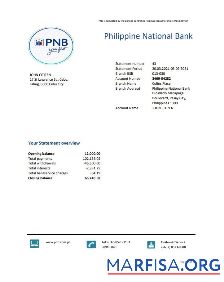 Downloadable Philippines National Bank (PNB) bank statement excel download for verification